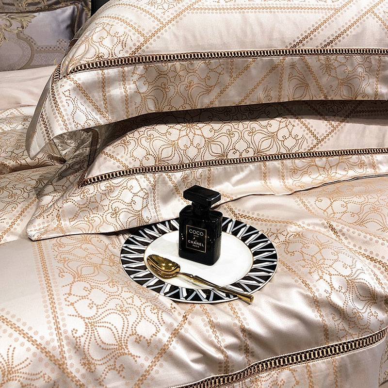 Luxury Gold Baroque Satin European Patchwork Jacquard Duvet Cover Set, 1000TC Egyptian Cotton Bedding Set