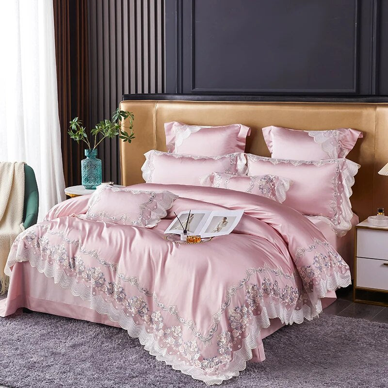 Champagne Pink Luxury French Wedding Embroidery Silk Europe Palace Duvet Cover, Egyptian Cotton 1200TC Bedding Set