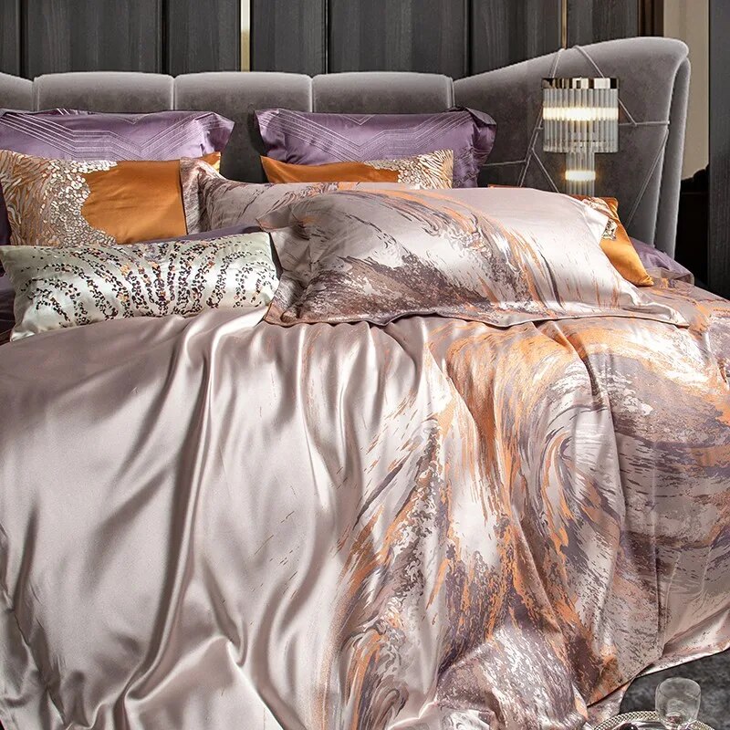 Grey Champagne Luxury Royal Art Leopard Patten Jacquard Duvet Cover Set, Satin 1500TC Egyptian Cotton Bedding Set