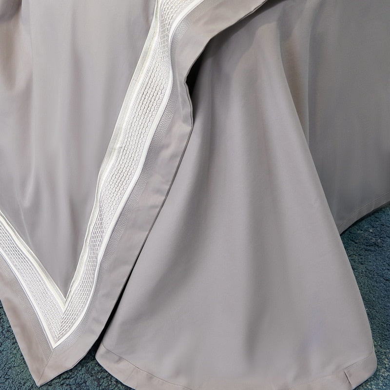 Luxury Pink Grey Brushed Embroidery Long Striped Duvet Cover, 1400TC Egyptian Cotton Bedding Set