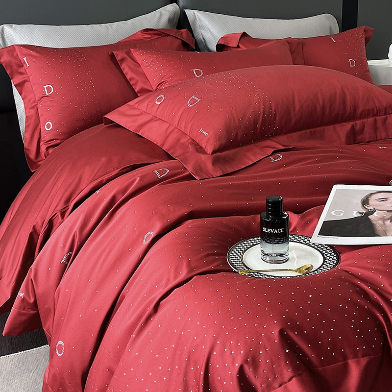 Star Rhinestone Black Red Egyptian Cotton Luxury Silky Duvet Cover Bedding Set