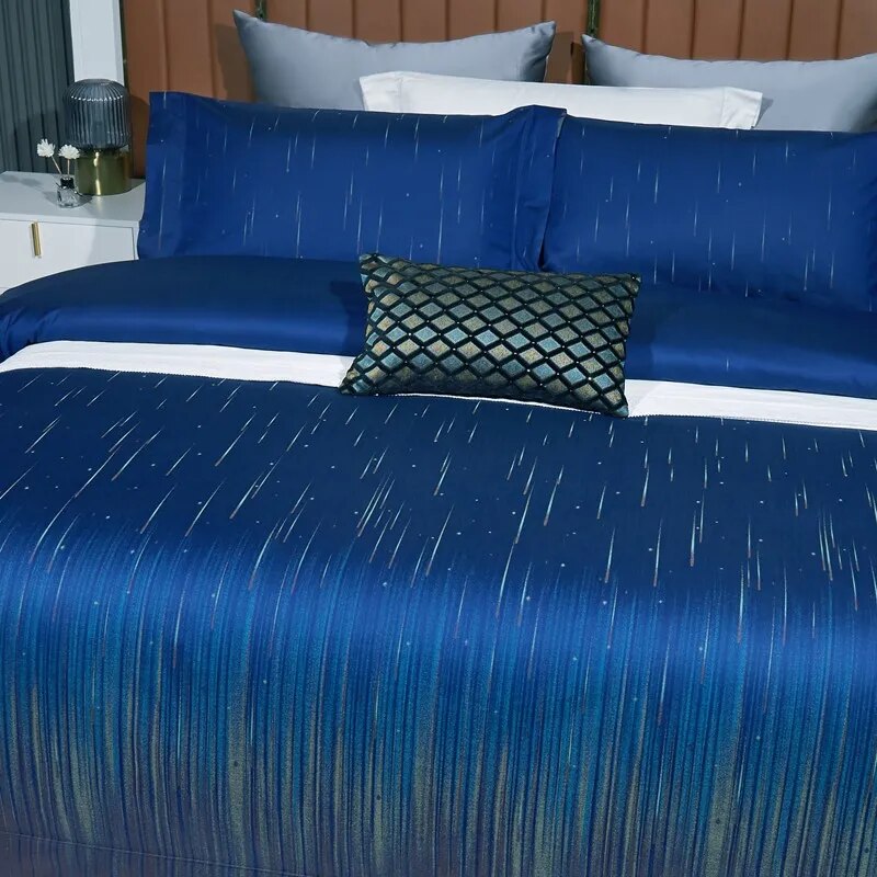 Grey Blue Luxury Long Striped Jacquard Duvet Cover Set, 1000TC Egyptian Cotton Bedding Set