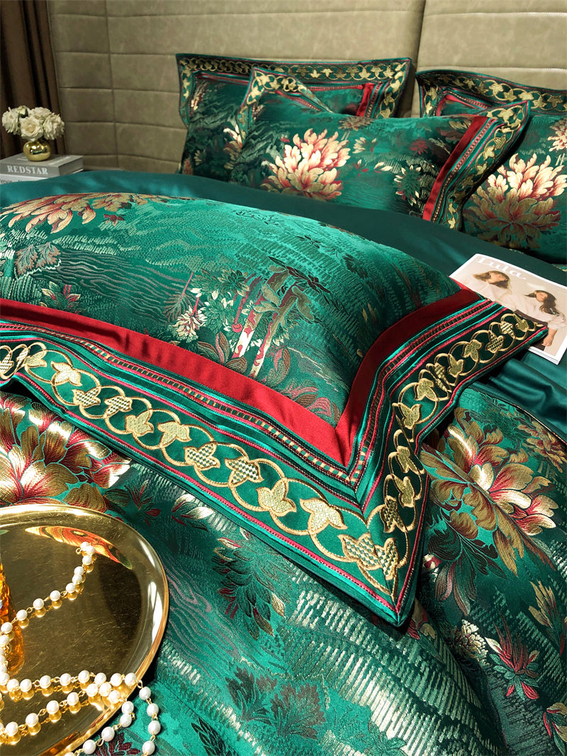 Luxury Black Burgundy Silk Flower Jacquard Europe Embroidered Duvet Cover Set, Egyptian Cotton 1000TC Bedding Set