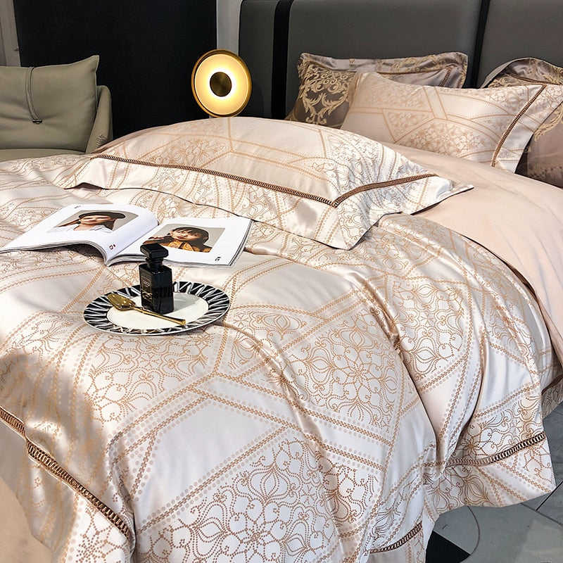 Luxury Gold Baroque Satin European Patchwork Jacquard Duvet Cover Set, 1000TC Egyptian Cotton Bedding Set