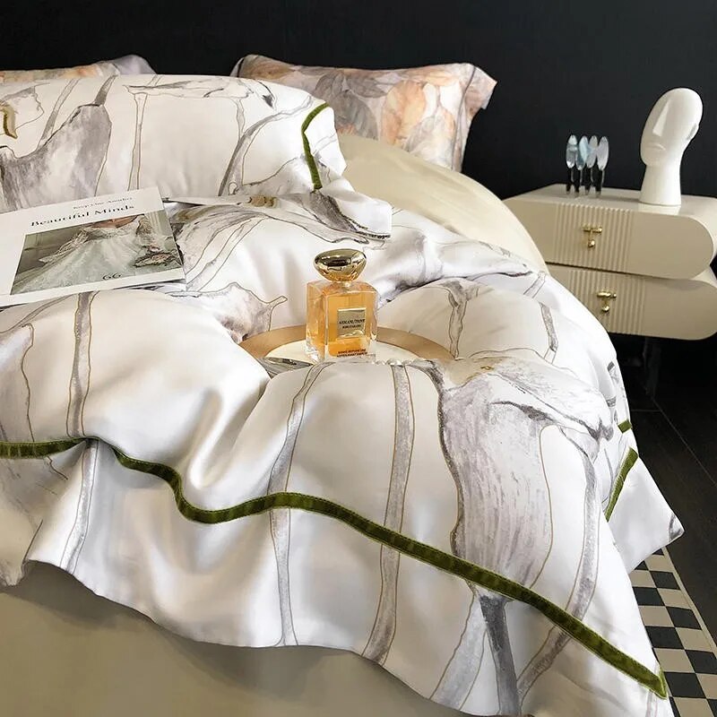 Beauty Tropical Leaves Nature Soft Duvet Cover Set, 1000TC Eucalyptus Lyocell Fabric Bedding Set