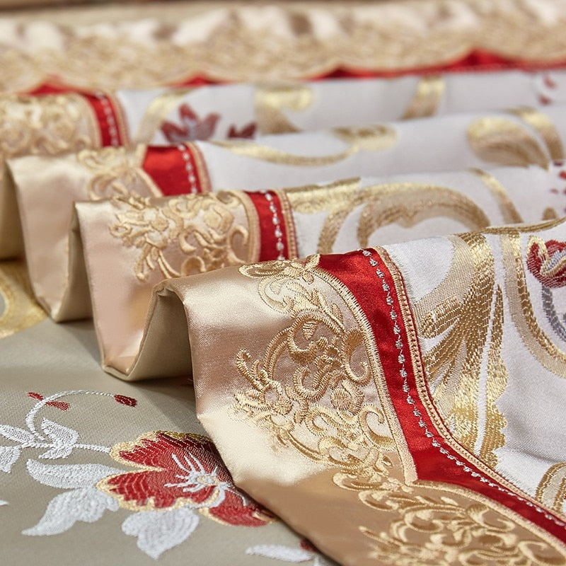 European Luxury Red Gold Cotton 1000TC Embroidered Satin Jacquard Duvet Cover Bedding Set