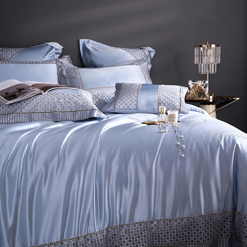Luxury Pink Blue European Satin Princess Chic Lace Duvet Cover, Egyptian Cotton 1200TC Bedding Set