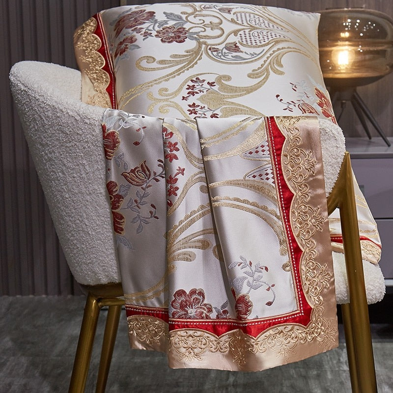 European Luxury Red Gold Cotton 1000TC Embroidered Satin Jacquard Duvet Cover Bedding Set
