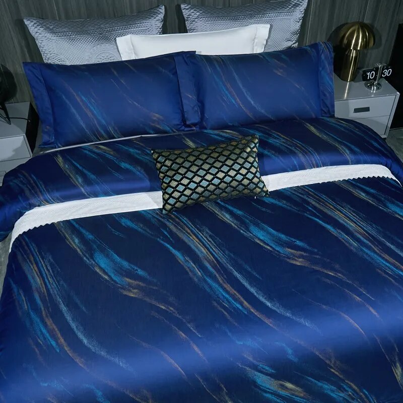 Grey Blue Luxury Long Striped Jacquard Duvet Cover Set, 1000TC Egyptian Cotton Bedding Set