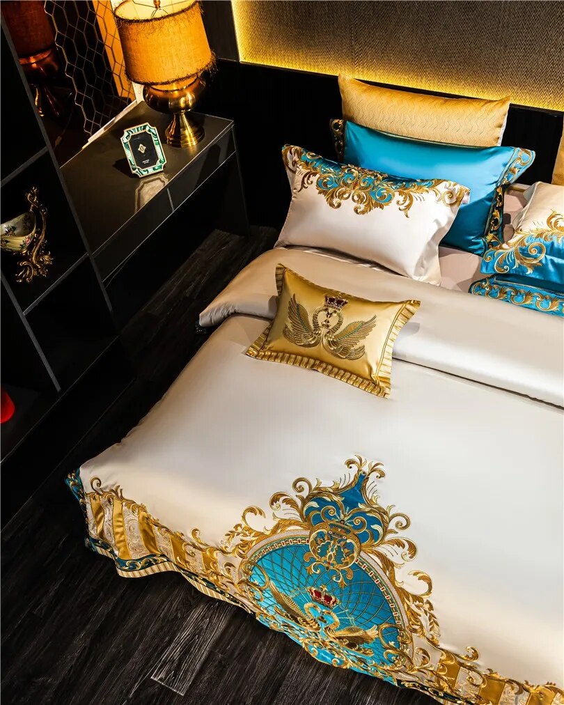Gold Blue Crown Baroque Luxury Embraided Duvet Cover Set, Cotton Satin Fabric 1000TC Bedding Set
