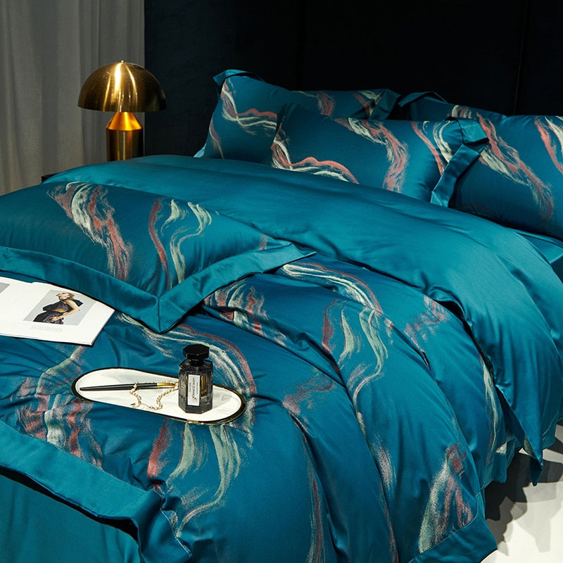 Luxury Green Satin Art Paint Patchwork Jacquard Duvet Cover Set, 1000TC Egyptian Cotton Bedding Set
