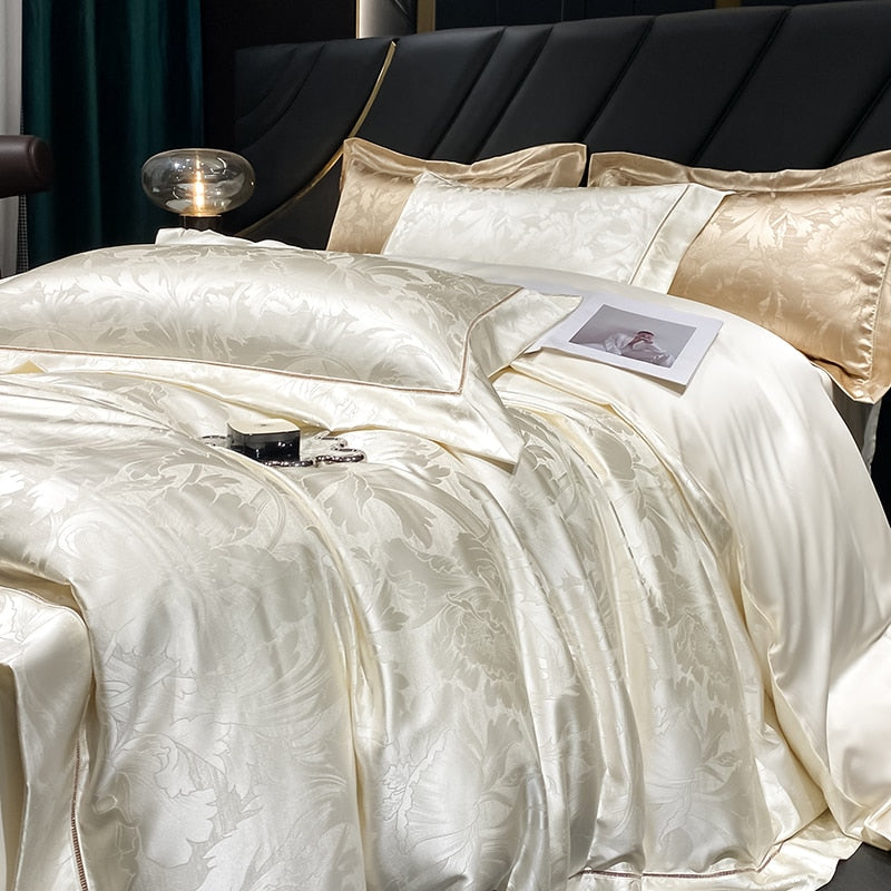 Gold White Luxury European Palace Satin Jacquard Egyptian Cotton 1000TC Duvet Cover Bedding Set