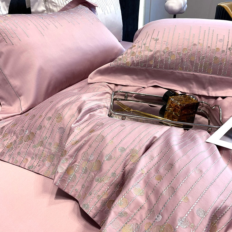 Luxury Blue Purple Chic Embroidery Duvet Cover Set, 1000TC Egyptian Cotton Bedding Set