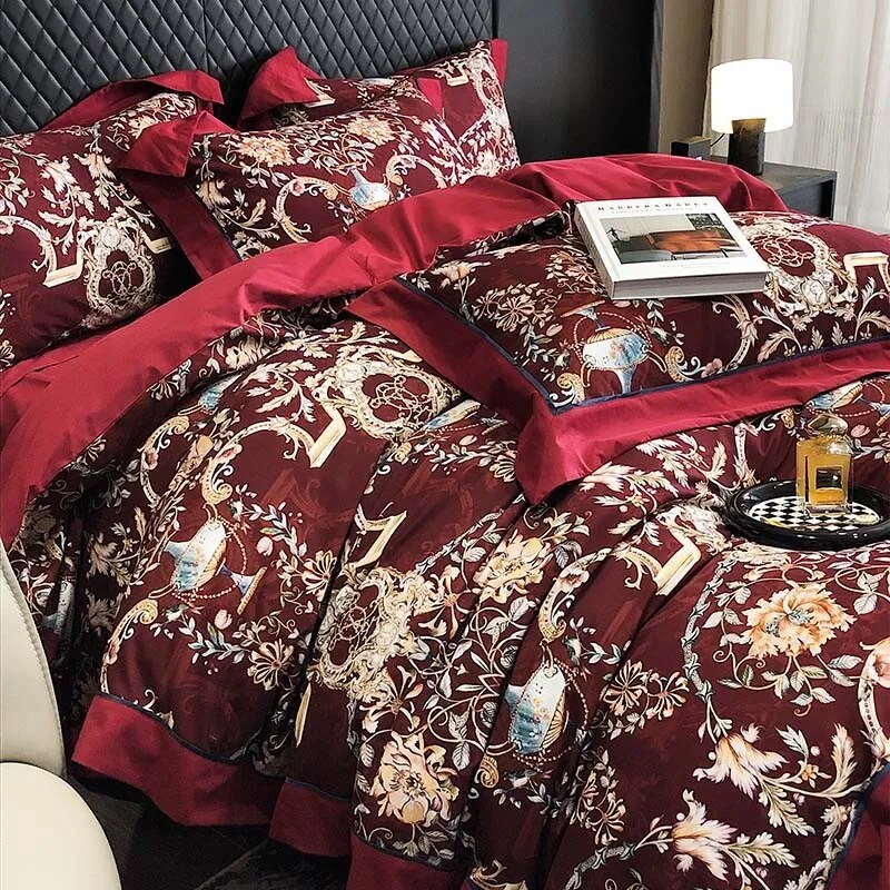 Green Red Vintage Pastoral Leaves Flowers Duvet Cover Set, 1000TC Brushed Cotton Bedding Set