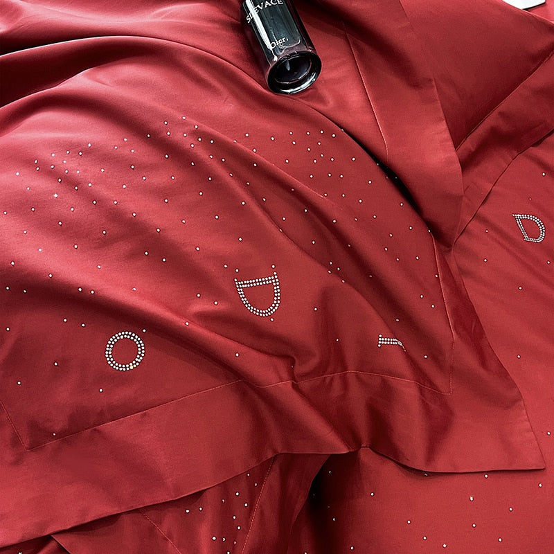 Star Rhinestone Black Red Egyptian Cotton Luxury Silky Duvet Cover Bedding Set