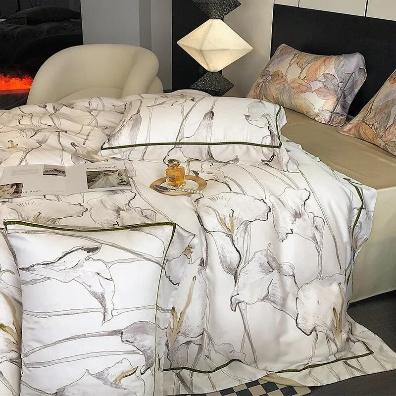 Beauty Tropical Leaves Nature Soft Duvet Cover Set, 1000TC Eucalyptus Lyocell Fabric Bedding Set