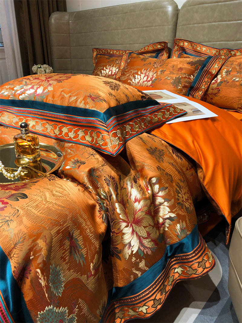 Luxury Black Burgundy Silk Flower Jacquard Europe Embroidered Duvet Cover Set, Egyptian Cotton 1000TC Bedding Set