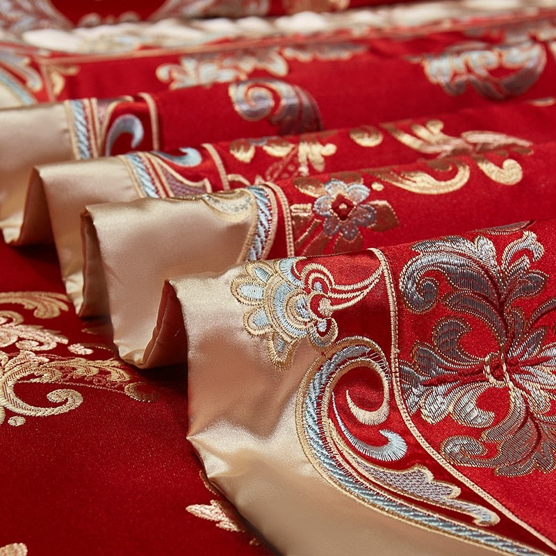 European Luxury Red Gold Cotton 1000TC Embroidered Satin Jacquard Duvet Cover Bedding Set