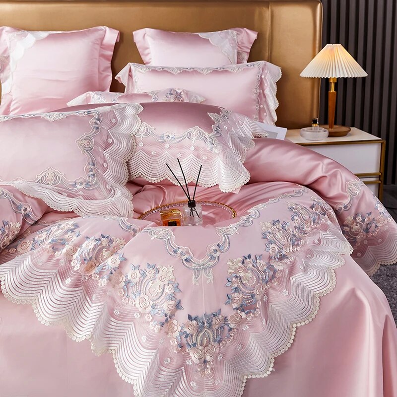 Champagne Pink Luxury French Wedding Embroidery Silk Europe Palace Duvet Cover, Egyptian Cotton 1200TC Bedding Set