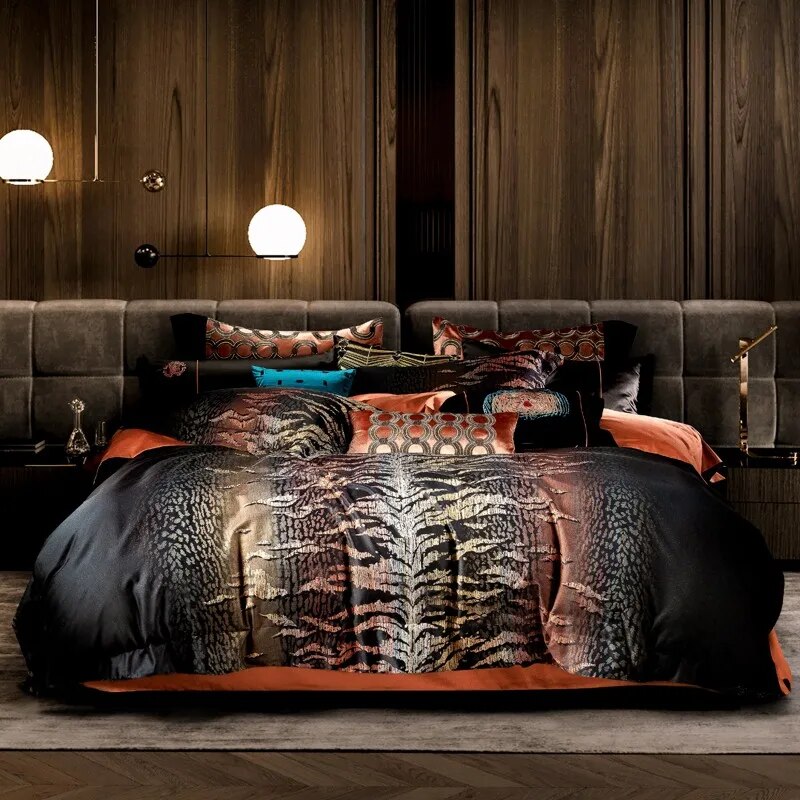 Grey Champagne Luxury Royal Art Leopard Patten Jacquard Duvet Cover Set, Satin 1500TC Egyptian Cotton Bedding Set