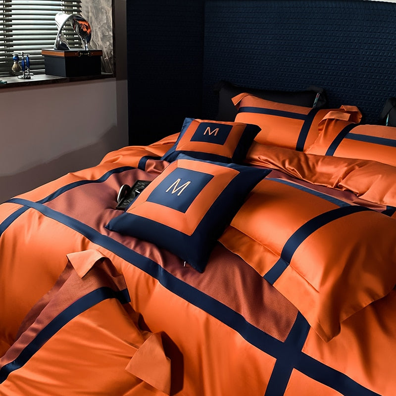 Luxury Orange Leopard Long Stripe Pattern Jacquard Duvet Cover Set, 1400TC Egyptian Cotton Bedding Set