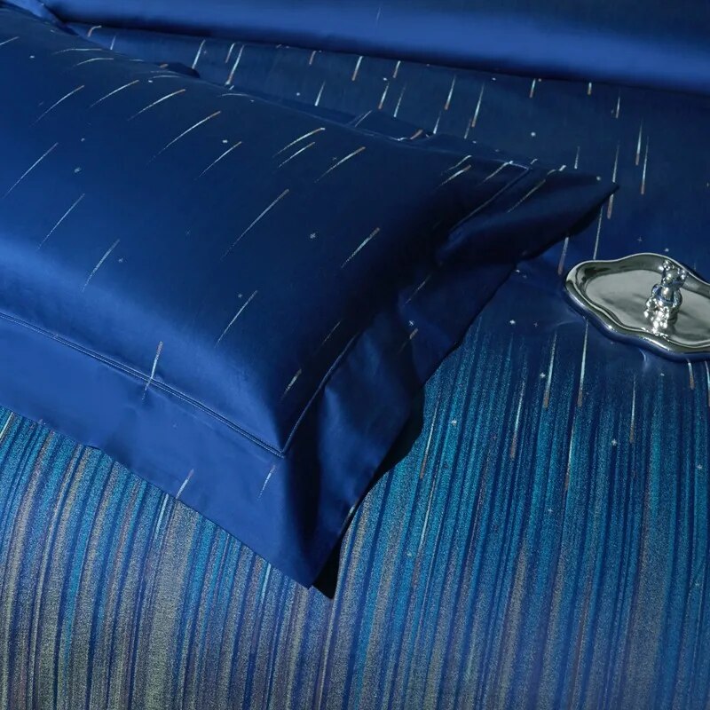 Grey Blue Luxury Long Striped Jacquard Duvet Cover Set, 1000TC Egyptian Cotton Bedding Set