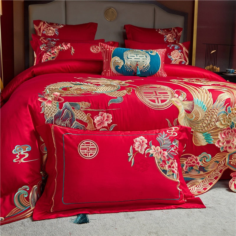 Luxury Gold Red Phoenix Wedding Wealth Duvet Cover Set, 1200TC Egyptian Cotton Bedding Set