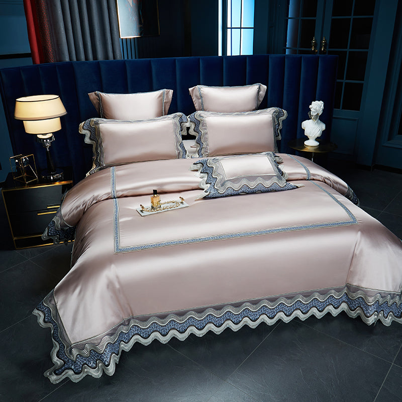 Luxury Red Wine Burgundy Satin Silk Lace Edge Duvet Cover Set, Egyptian Cotton 1200TC Bedding Set
