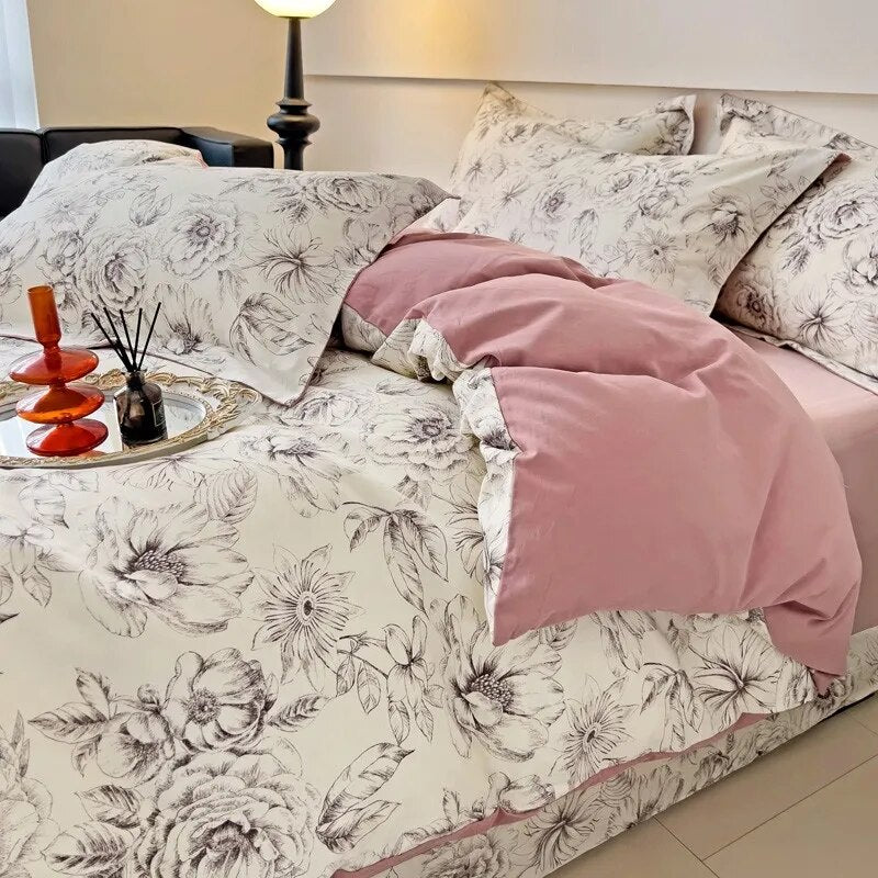Pink Rose Flowers Premium Family Duvet Cover Set, 100%Cotton Brushed Bedding Set