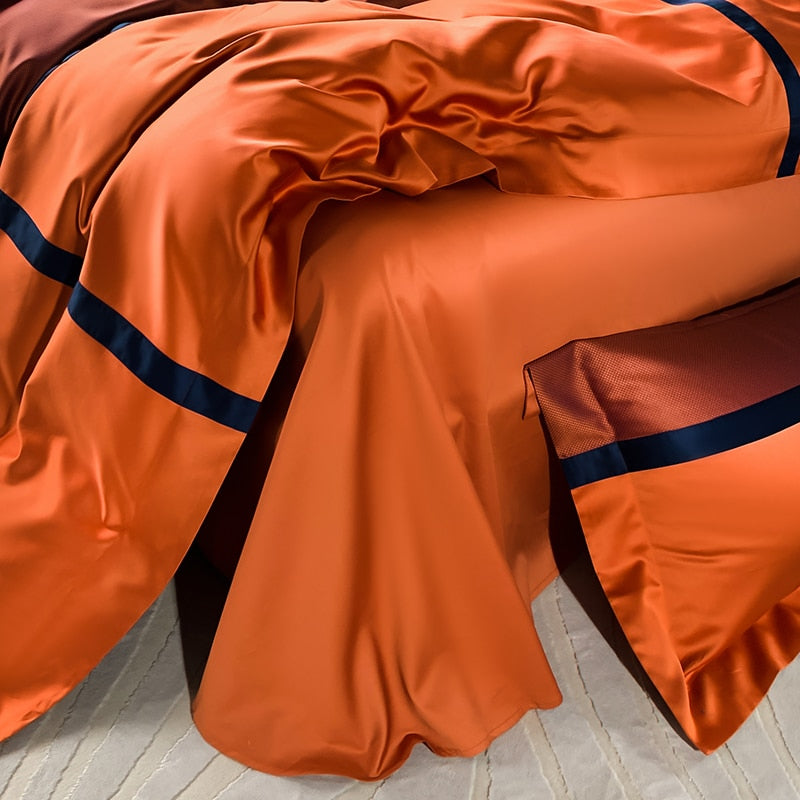 Luxury Orange Leopard Long Stripe Pattern Jacquard Duvet Cover Set, 1400TC Egyptian Cotton Bedding Set