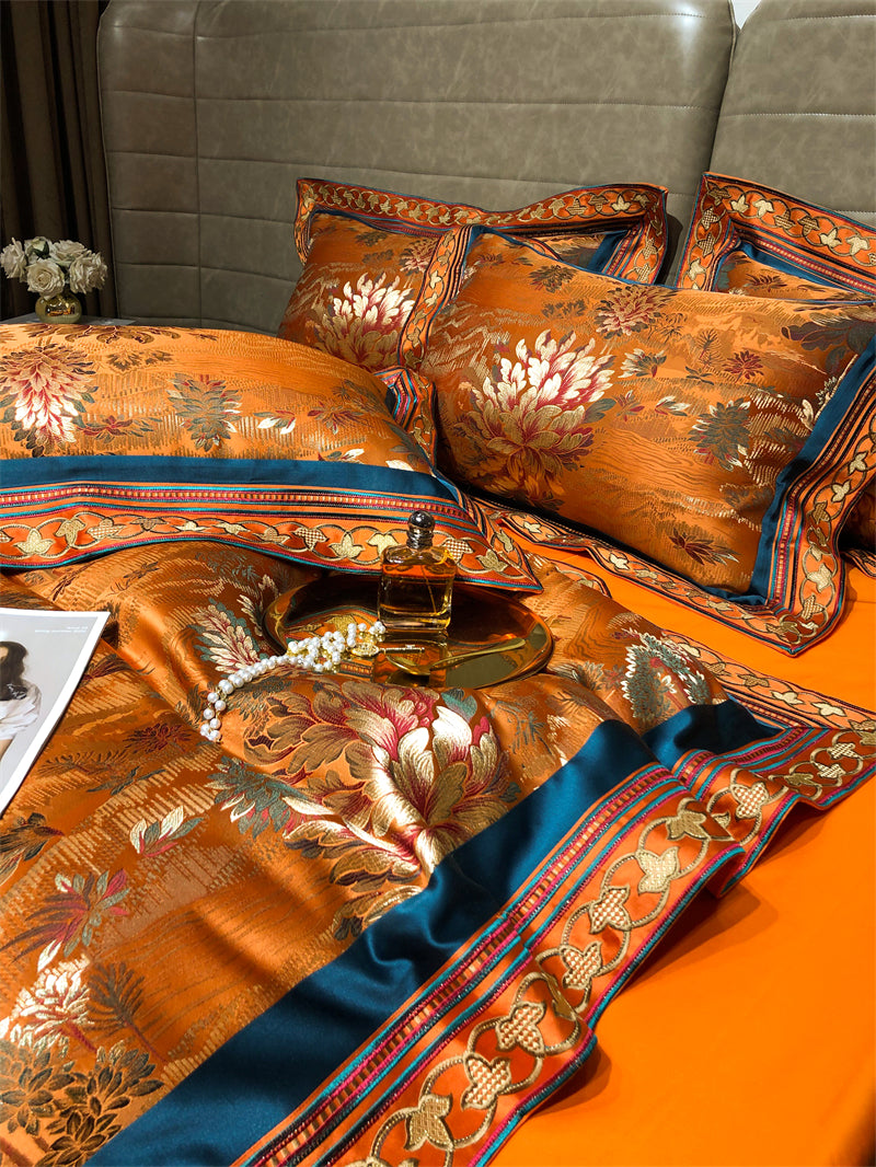 Luxury Black Burgundy Silk Flower Jacquard Europe Embroidered Duvet Cover Set, Egyptian Cotton 1000TC Bedding Set