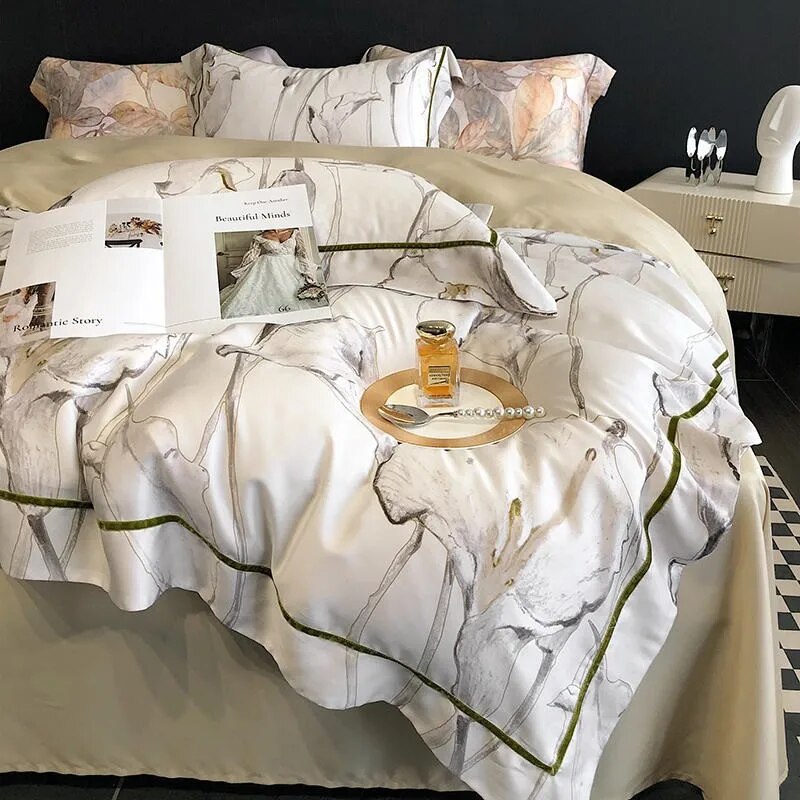 Beauty Tropical Leaves Nature Soft Duvet Cover Set, 1000TC Eucalyptus Lyocell Fabric Bedding Set