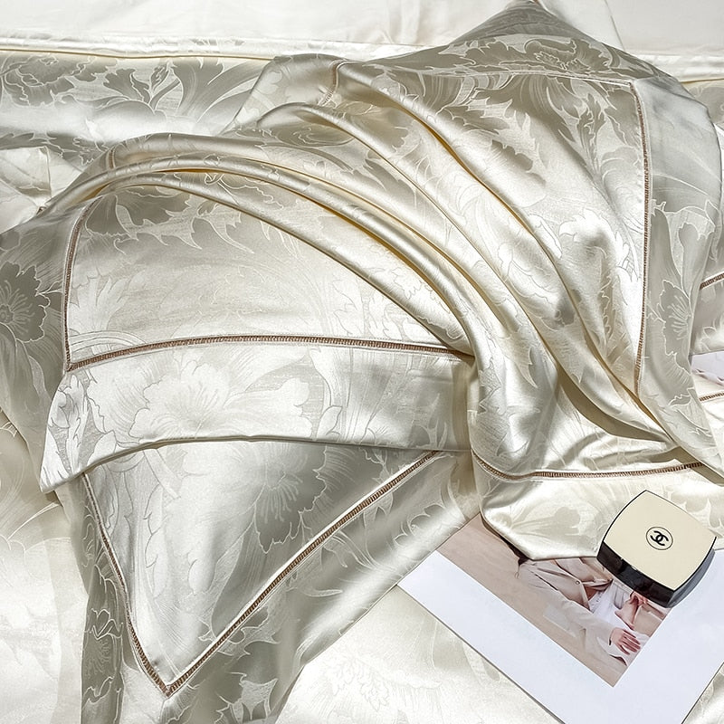 Gold White Luxury European Palace Satin Jacquard Egyptian Cotton 1000TC Duvet Cover Bedding Set