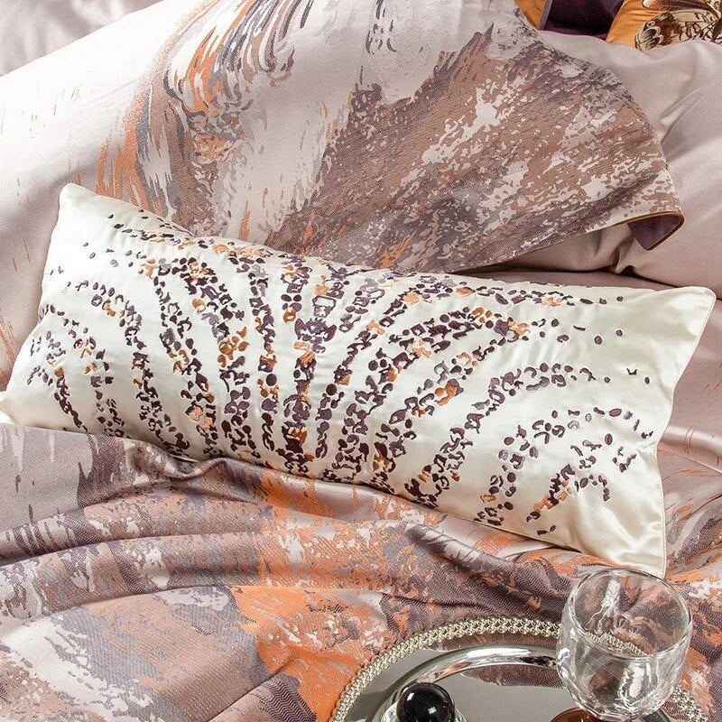 Grey Champagne Luxury Royal Art Leopard Patten Jacquard Duvet Cover Set, Satin 1500TC Egyptian Cotton Bedding Set