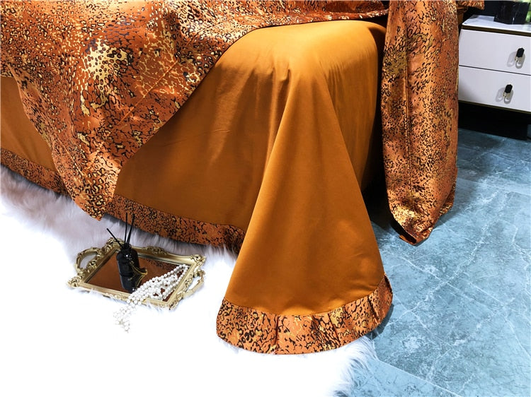 Luxury Leopard Black Orange Satin Jacquard Duvet Cover Set, Egyptian Cotton 1200TC Bedding Set