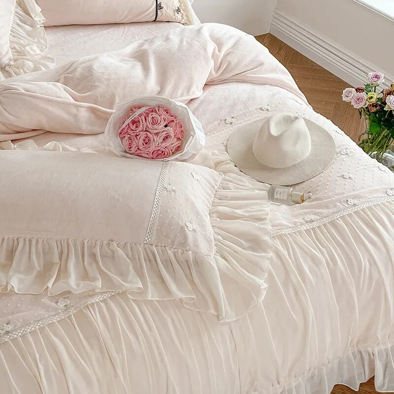 Black White Flower Romantic Embroidered Ruffles French Duvet Cover, Velvet Fleece Bedding Set