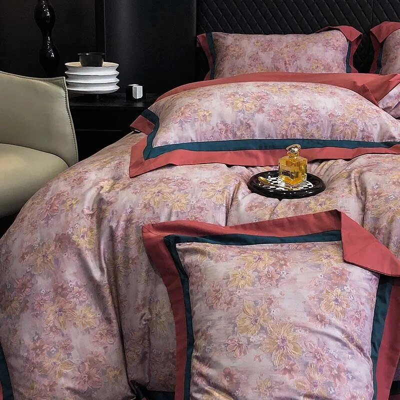 Green Red Vintage Pastoral Leaves Flowers Duvet Cover Set, 1000TC Brushed Cotton Bedding Set