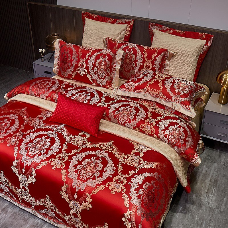 European Luxury Red Gold Cotton 1000TC Embroidered Satin Jacquard Duvet Cover Bedding Set