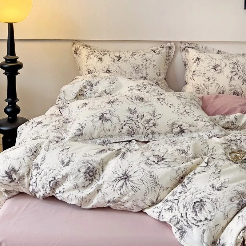 Pink Rose Flowers Premium Family Duvet Cover Set, 100%Cotton Brushed Bedding Set