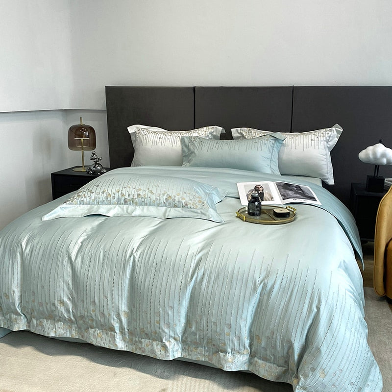 Luxury Blue Purple Chic Embroidery Duvet Cover Set, 1000TC Egyptian Cotton Bedding Set