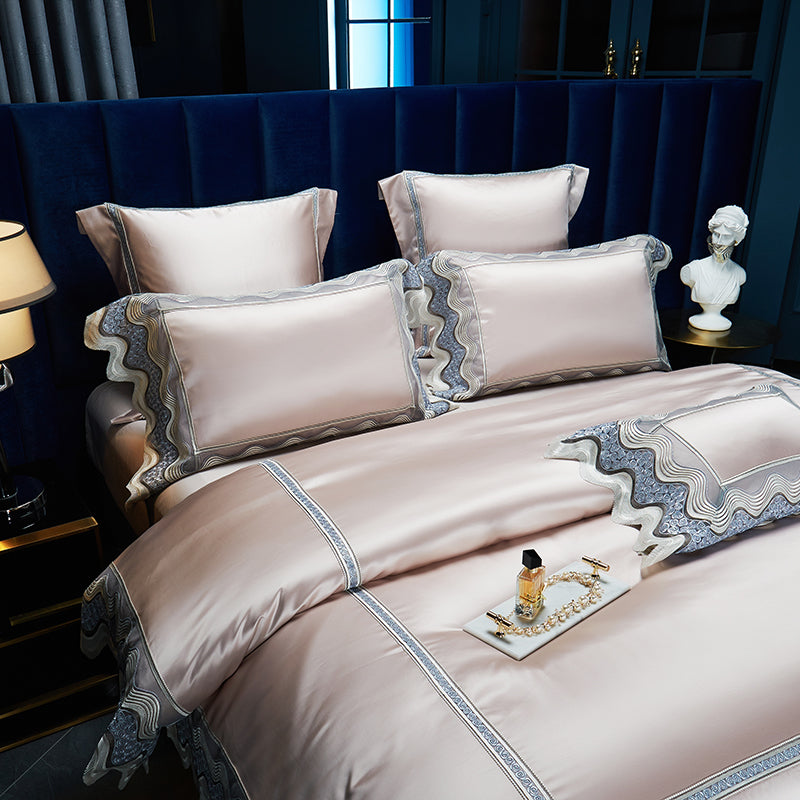 Luxury Red Wine Burgundy Satin Silk Lace Edge Duvet Cover Set, Egyptian Cotton 1200TC Bedding Set