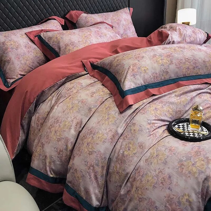 Green Red Vintage Pastoral Leaves Flowers Duvet Cover Set, 1000TC Brushed Cotton Bedding Set