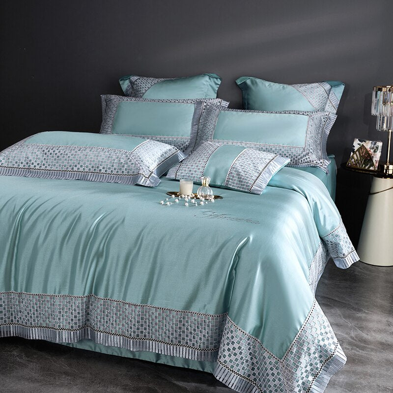 Luxury Pink Blue European Satin Princess Chic Lace Duvet Cover, Egyptian Cotton 1200TC Bedding Set