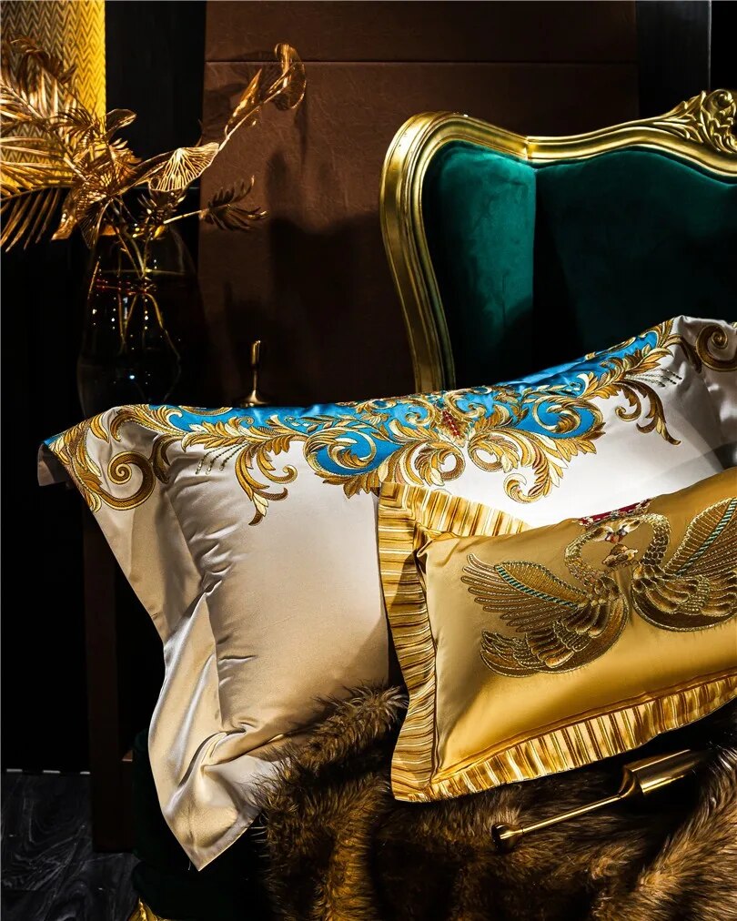Gold Blue Crown Baroque Luxury Embraided Duvet Cover Set, Cotton Satin Fabric 1000TC Bedding Set