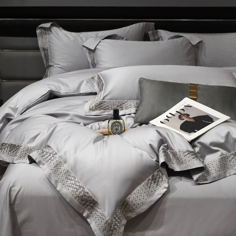 Silver Grey Luxury Long Square Stripe Embroidery Satin Silky Duvet Cover Set, 1000TC Egyptian Cotton Bedding Set