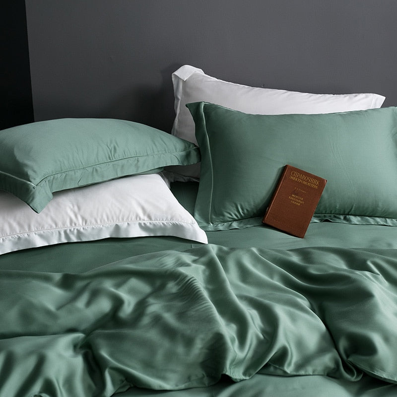 Luxury Green White 100% Silk Wedding Duvet cover Bedding Set