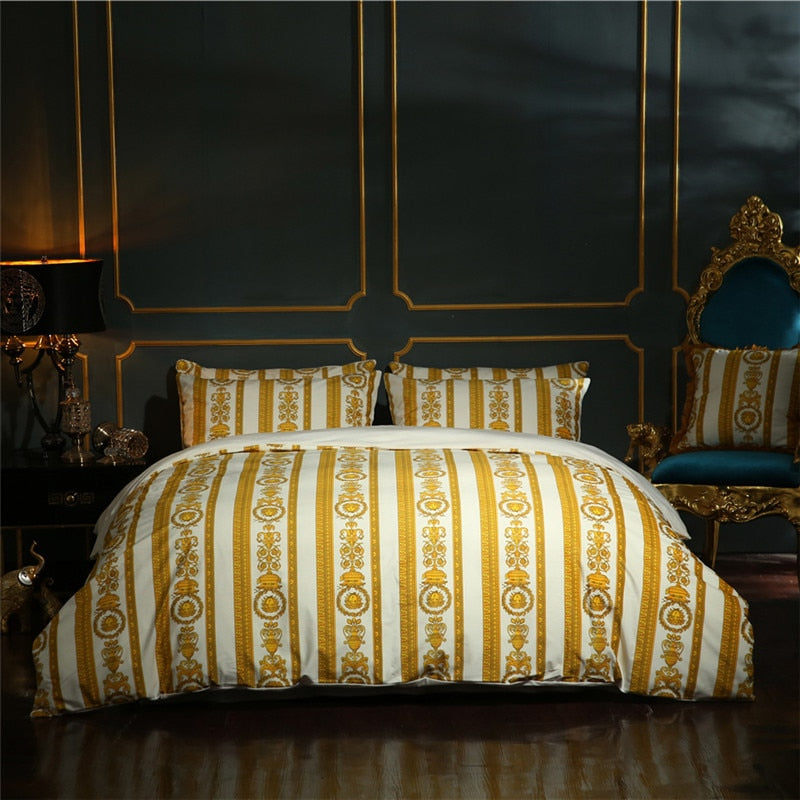 White Gold European Luxury Baroque Thick Duvet Cover Set, Velvet Fleece Fabric Bedding Set