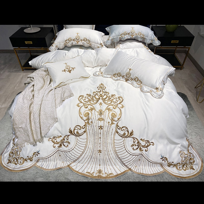Red White Gold Embroidered Duvet Cover Set European Linen Lace Soft Satin Silk Bedding Set