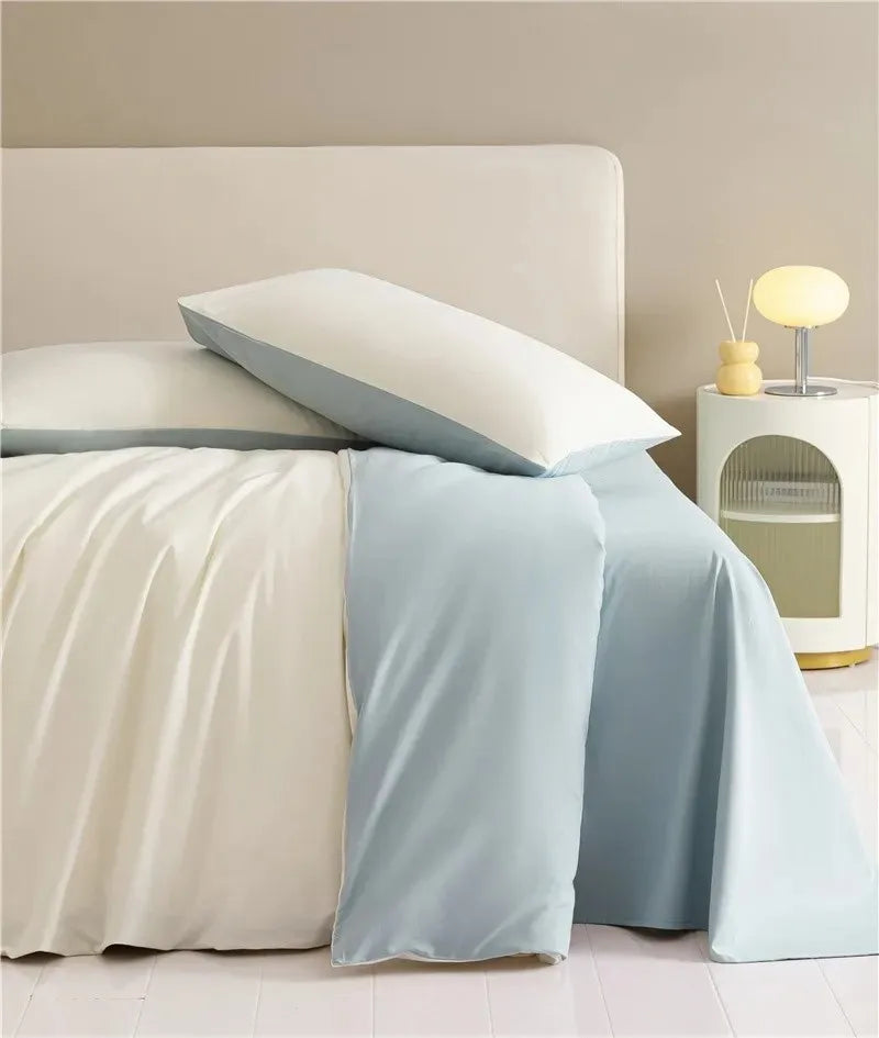 White Blue Premium Brushed Cotton Reversible Duvet Cover Zipper Bedding set