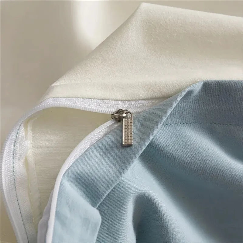 White Blue Premium Brushed Cotton Reversible Duvet Cover Zipper Bedding set